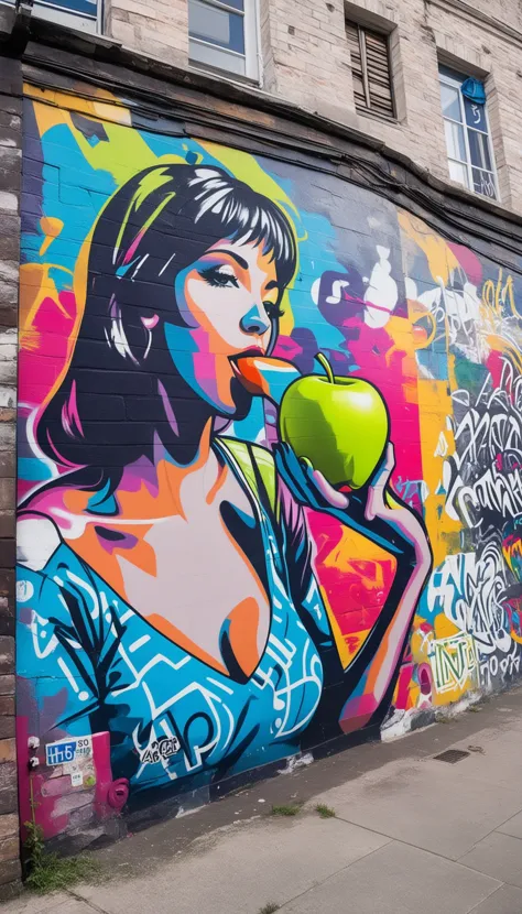 graffiti of a woman eating an apple in a wall, street art, vibrant, urban, detailed, tag, mural