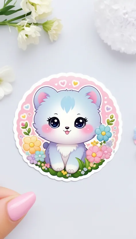 Sticker of a cute, round little animal with big, sparkling eyes and a gentle smile on its face. It has soft, pastel-colored fur. The small critter is surrounded by dainty, heart-shaped flowers in complementary pastel shades, adding to the sticker's overall...