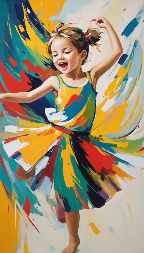 abstract expressionist painting of a dancing child. energetic brushwork, bold colors, abstract forms, expressive, emotional