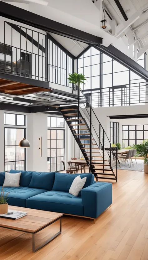 real estate photography style of a modern loft, professional, inviting, well-lit, high-resolution, property-focused, commercial, highly detailed