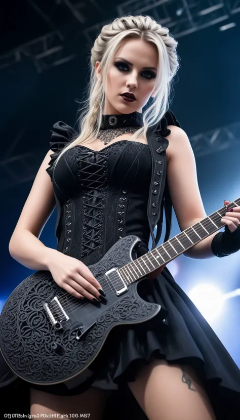 swedish metal rock girl holding a guitar, intense stare into camera, with gothic make-up, intricate details, highly detailed eyes, fancy hair and dark gothic dress, flash photo, on stage, intricate details
