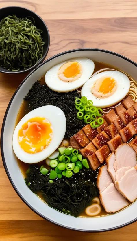 bowl of steaming hot ramen noodles, with a variety of toppings including sliced pork, boiled egg, green onions, and a sheet of nori (dried seaweed). The broth looks rich and flavorful, likely made from a combination of chicken, pork, and dashi.