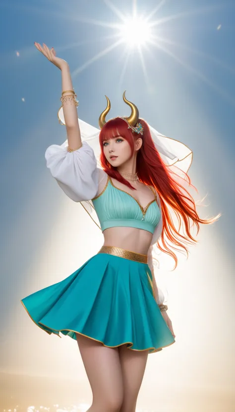 1girl, solo, back light, rainbow, aqua eyes, fake horns, red hair, long hair, crop top, jewelry, horns, veil, bracer, brooch, puffy long sleeves, skirt, bangs, low twintails, puffy sleeves, neck ring, gold trim, parted bangs, arm up, blue skirt, hair ornam...