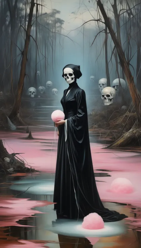 spiderwebs, skulls, wallpaper, there is ugliness in beauty, but there is also beauty in ugliness. desolate, abstract, surrealistic, cotton candy, swamp, funeral, futuristic,in the style of adrian ghenie, esao andrews, jenny saville, edward hopper, surreali...