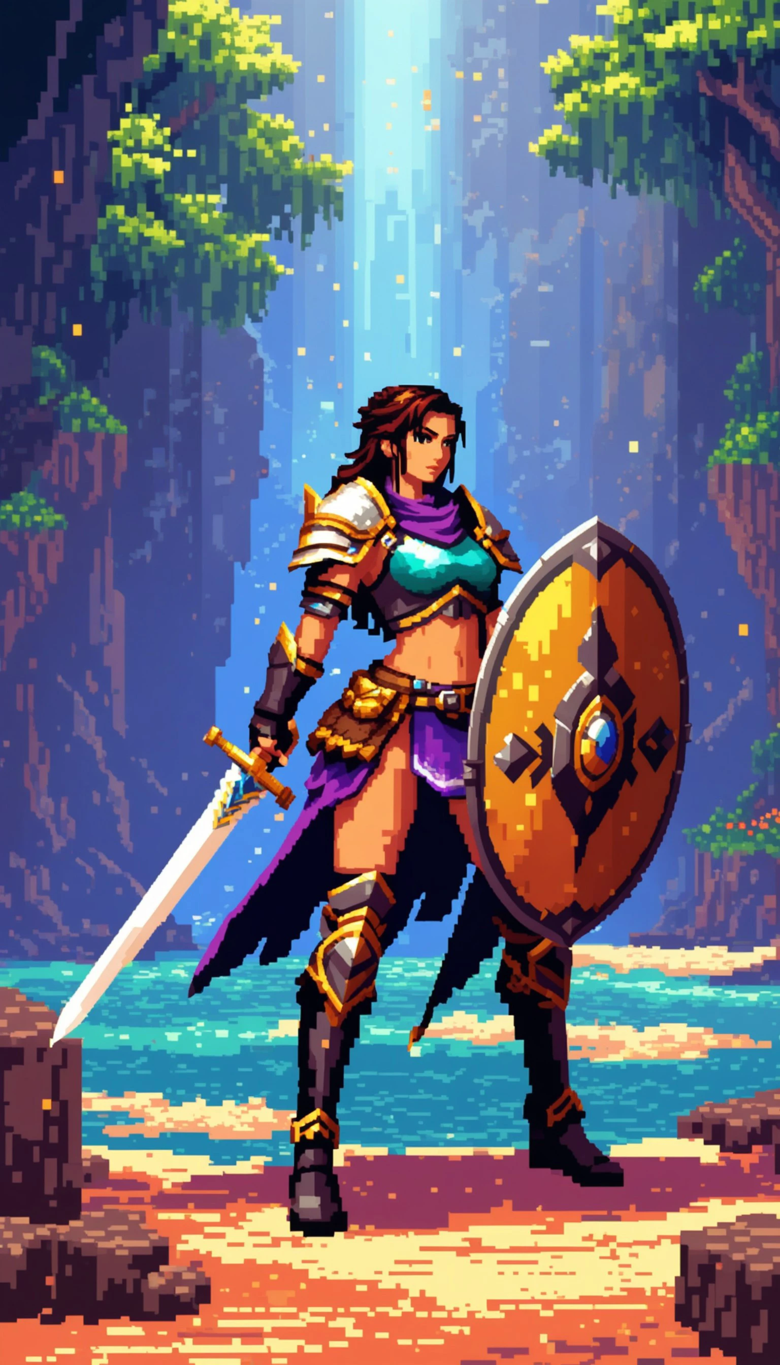 Arte en píxeles de una guerrera feroz con una espada y un escudo en un entorno de fantasía, con colores vibrantes, iluminación dinámica, y un dramático, humor épico