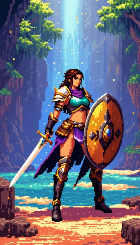 Pixel art of a fierce female warrior with a sword and shield in a fantasy setting, featuring vibrant colors, dynamic lighting, and a dramatic, epic mood
