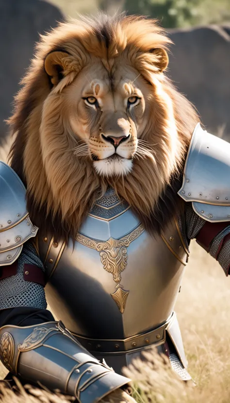 a lion in armor poses for a picture, cinematic close shot
