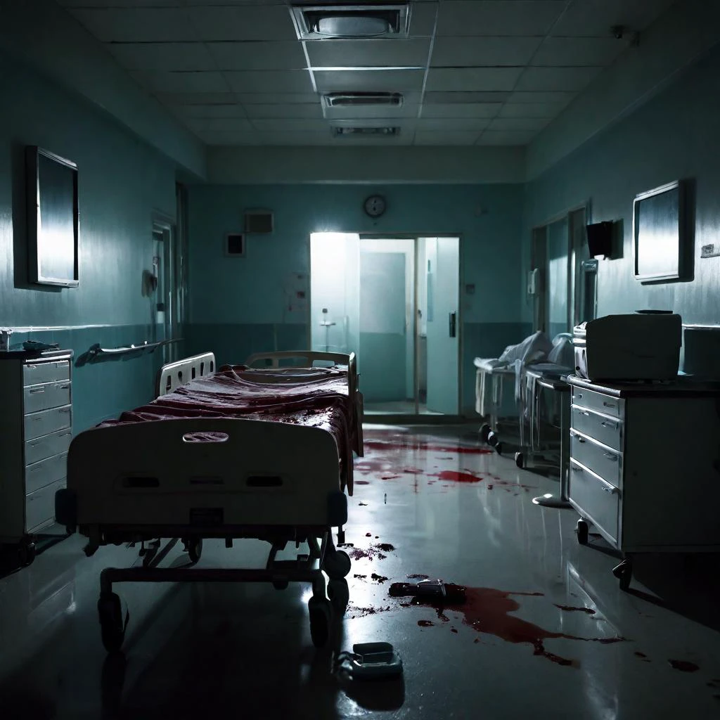 imagem cinematográfica de uma clínica distópica em um horrível quarto de hospital com sangue nas paredes e no chão, perturbador e sinistro, luzes bruxuleantes, sombras escuras
