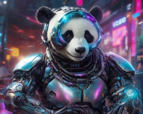 cyborg panda, dragon, valentine's day, cybernetic implants, liquid metal, high tech, iridescence, ziprealism