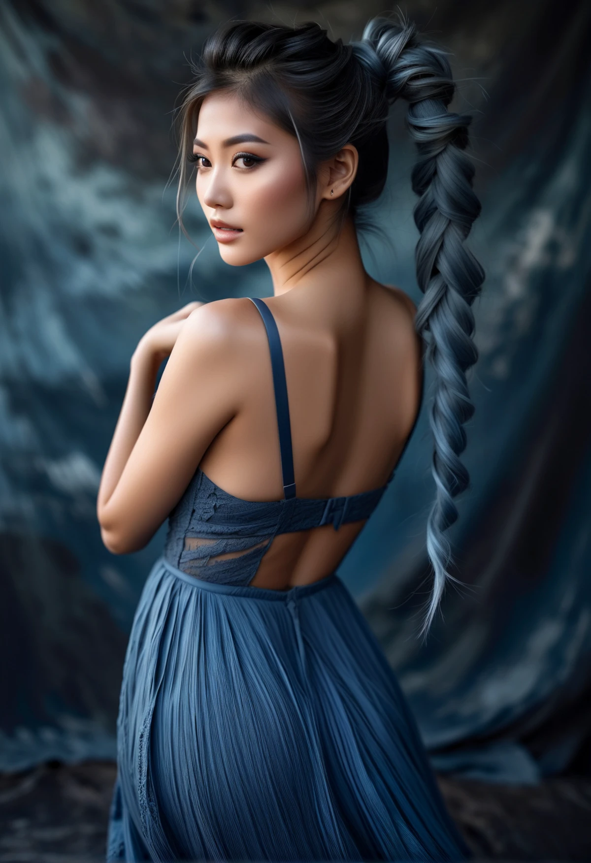 Masterpiece, highly detailed, elegant, intricate, cinematic photo of (1girl), (25 years old), (Japanese girl), (wearing Sundress with thin straps), (Braided Ponytail cut hairstyle:1), (Charcoal Gray with Steel Blue Balayage color hair:1), (real hair movement), (photoshoot pose:1)