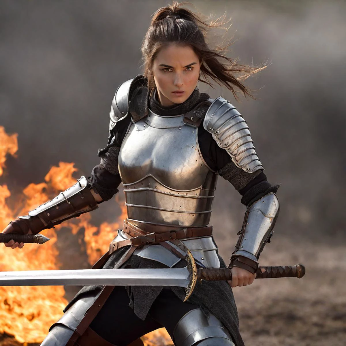Fotografía de increíble calidad de una guerrera completamente armada en un campo de batalla marcado por las llamas empuñando una espada