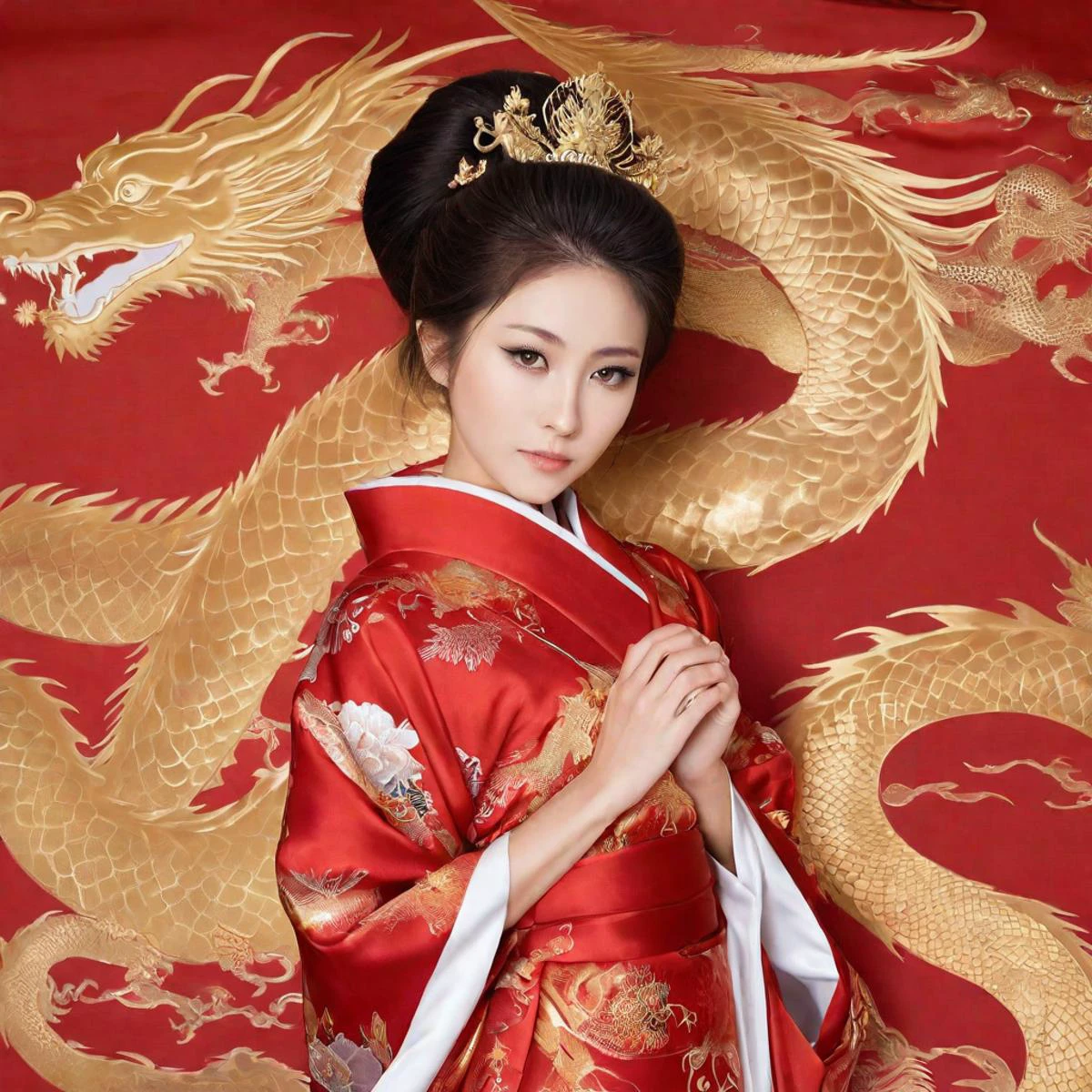 身着带有金龙图案的红色丝绸和服的美丽日本公主