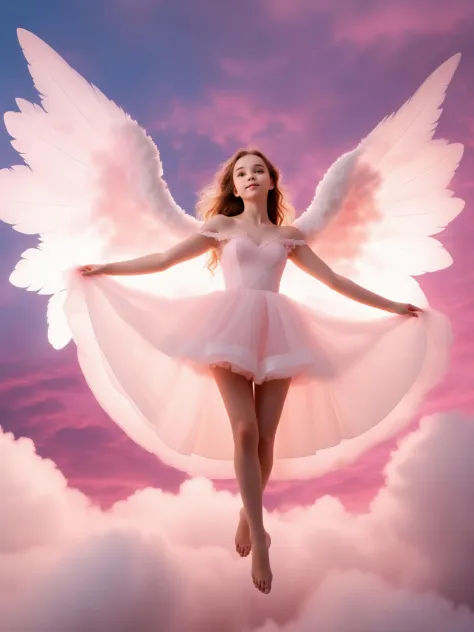 a very cute 18 y.o girl floats in the air in pink clouds,wearing an off shoulder wedding dress with huge white wings. movie lighting. movie perspective: colorful and dazzling,upskirt,