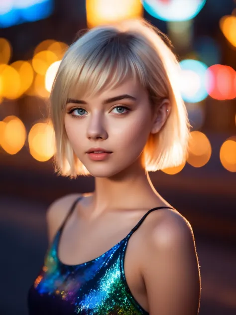 Extremely beautiful 18yo girl runing,(Extremely cure beauty:1.2),highly clear face,Night noise city road,very cute,phenomenal aesthetic,Amazing photos,Cinematic Lighting,Clear perfect eyes,light gold short hair,bokeh,Sexy self-confidence,proud and independ...