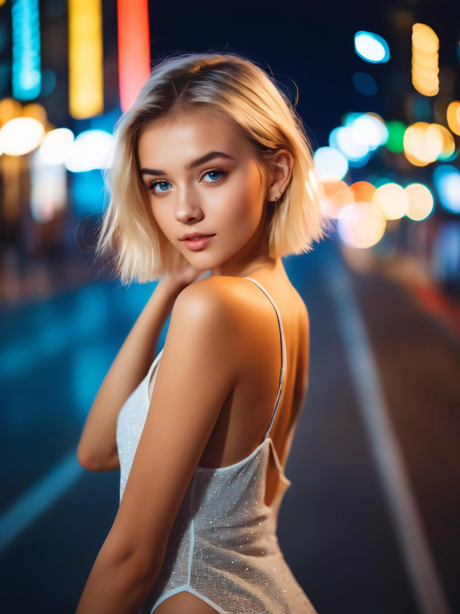 Extremely beautiful 18yo girl runing,(Extremely cure beauty:1.2),highly clear face,Night noise city road,very cute,phenomenal aesthetic,Amazing photos,Cinematic Lighting,Clear perfect eyes,light gold short hair,bokeh,Sexy self-confidence,proud and independent,NSFW,flowing light and colorful colors,