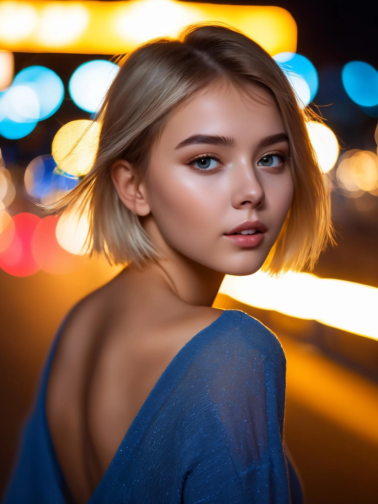 Extremely beautiful 18yo girl runing,(Extremely cure beauty:1.2),highly clear face,Night noise city road,very cute,phenomenal aesthetic,Amazing photos,Cinematic Lighting,Clear perfect eyes,light gold short hair,bokeh,Sexy self-confidence,proud and independent,NSFW,flowing light and colorful colors,