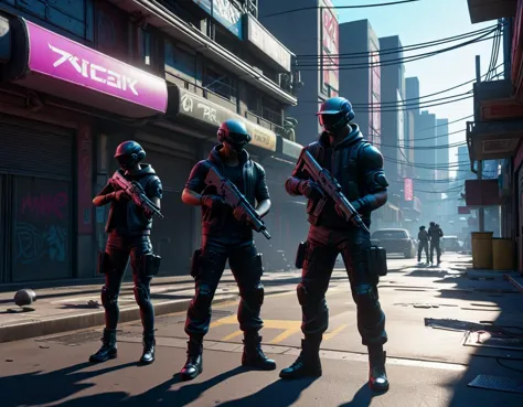 masterpiece, high quality, 4k, 8k, high resolution, best quality, realistic, intricate details, ray tracing, HDR, detailed shadows, dramatic lighting, cyber aesthetics

A scene of gang shooting in cyberpunk streets