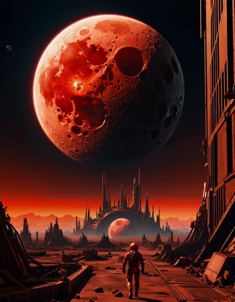 masterpiece, high quality, 4k, 8k, high resolution, best quality, realistic, intricate details, ray tracing, HDR, detailed shadows, dramatic lighting, cyber, sci fi aesthetics

A bloody moon, portending doom
Another cruel day is coming soon
Have to end this but it's just begun
A ﬁnal charge, with the rising sun