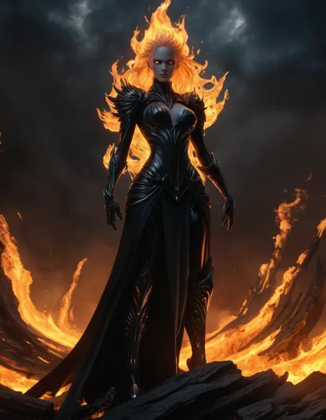 a woman in a black dress standing on a rock with flames