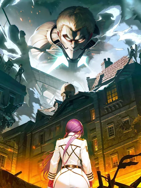 anime girl looking at a demonic creature flying over a city