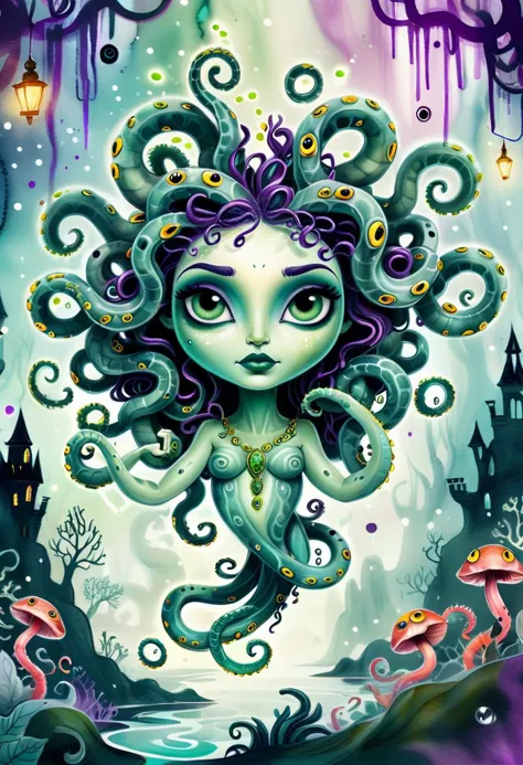 ink-painting of a cute magical medusa with petrifying gaze in an enchanted wonderland, beautiful whimsical fantasy art concept, detailed background, glowing particles, intricate details, ultra sharp <lora:Ath_ink-painting_XL:1>