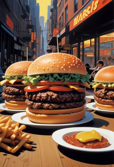 there are three hamburgers and fries on plates on a table