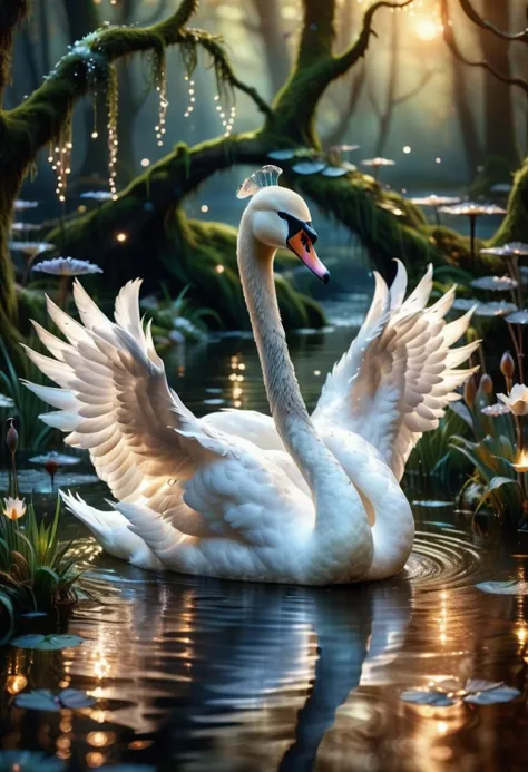 painting of a swan floating in a pond with a forest in the background