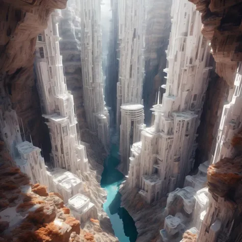 a close up of a very tall city in a very narrow canyon