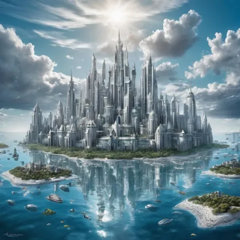 landscape photograph of a gleaming silver fantasy city floating in the ocean, atlantis skyline