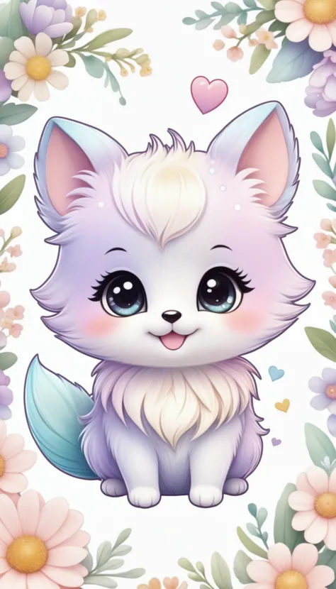 Sticker of a cute, round little animal with big, sparkling eyes and a gentle smile on its face. It has soft, pastel-colored fur. The small critter is surrounded by dainty, heart-shaped flowers in complementary pastel shades, adding to the sticker's overall charm.The white background provides the perfect canvas for this adorable creature, allowing its pastel features to pop and catch the eye. The sticker design exudes a warm and playful energy, making it an endearing addition to any item it adorns.