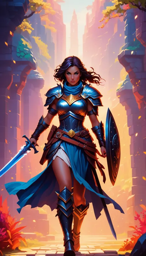 a woman in armor holding a sword and shield in a fantasy setting