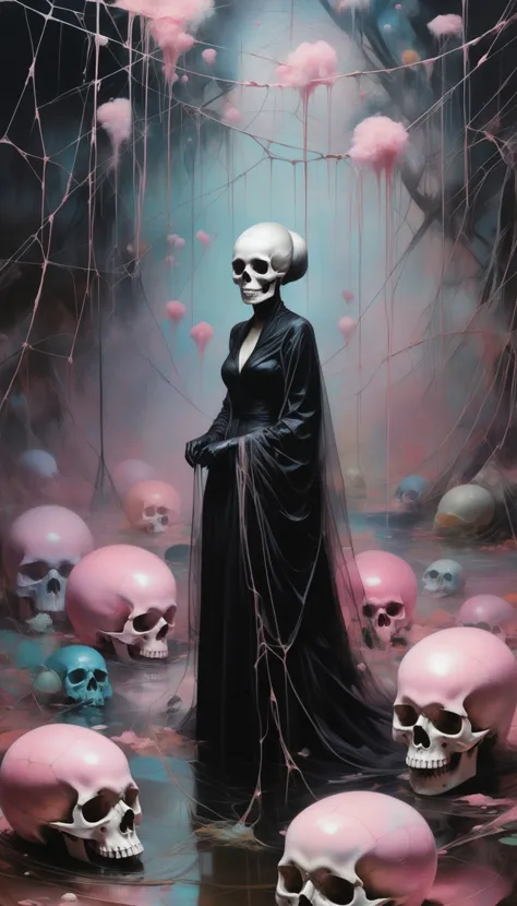 a painting of a woman in a black robe standing in a field of skulls