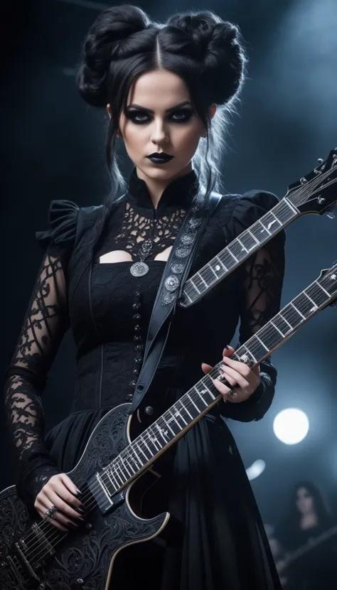 a woman in black dress holding a guitar on stage