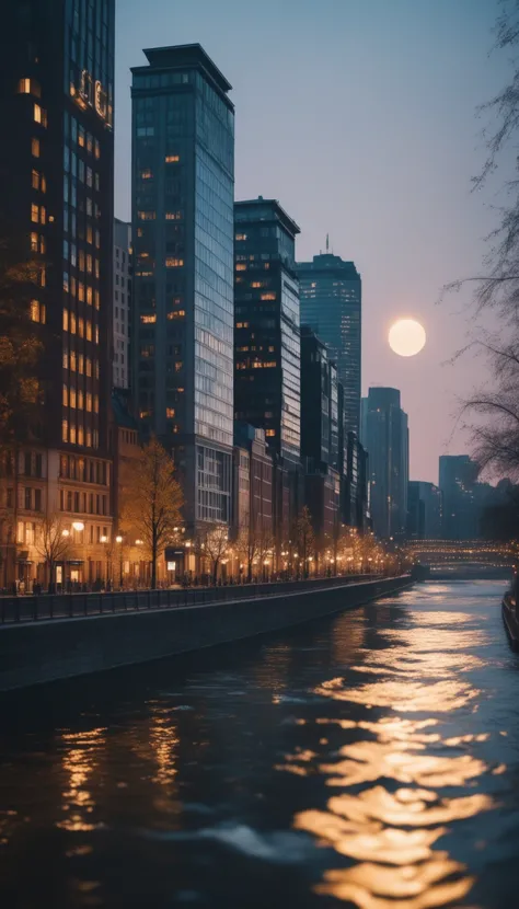 cinematic photo of a city by the river, 35mm photograph, film, bokeh, professional, 4k, highly detailed