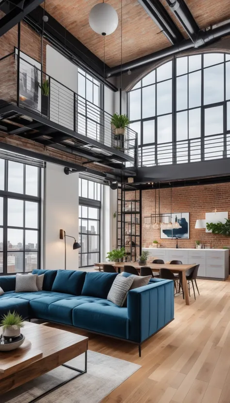 a large living room with a blue couch and a wooden table