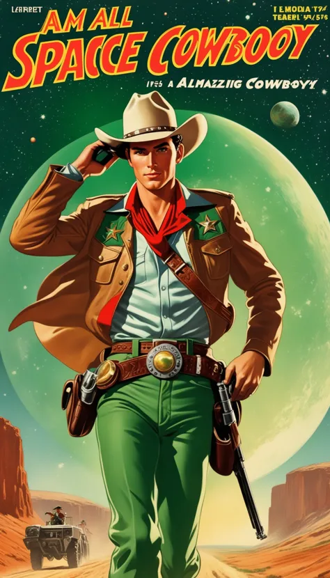 a cover for a comic book, a comic book cover about all space cowboy, 1 cowboy wearing a hat in the style of amazing stories, 1940s 1950s, red and green, comic art, realistic genre scenes, romanticized realism dynamic