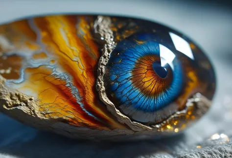 a close up of a glass object with a blue eye