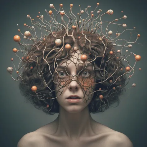 a woman with a bunch of hair and a bunch of balls on her head