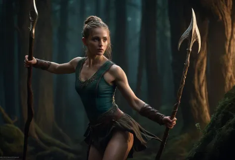 a woman in a green dress holding a spear in a forest