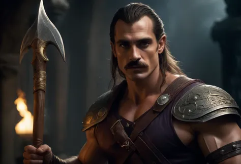 ((cinemtic shoot)) ((fantasy)) , ((rpg)),   ((focus on character)),  photo of   1 man with Zappa Mustache and    Low ponytail hairsytle  from high elves (altmer) , as berseker - strong, fit, muscular body, bare chest, (body builder:1.3), hold large axe with white blades,  in hands, wild, ready to battle, sweat, oiled, wet hair, , sad  BREAK, perfect detailed face, intricated skin,   realistic, ((photorealistic)) rim lights, dark shadows, cinematic scene , movie shoot  , dark, zPDXL  , , defined muscles, extremely detailed, glass reflection, dark shadows, detailed hands, (realistic fingers:1.3), hard light hard shadows, ,vellus,subcutaneous veins,, shallow depth of field, vignette, highly detailed, high budget Hollywood film, cinemascope, moody, epic, gorgeous, detailed background ,  ((darkfull )) , detailed  realistic toes   SK_Fantasy