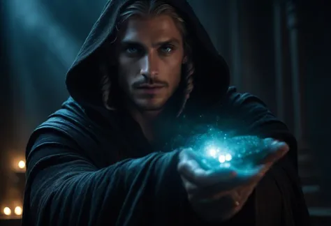 a man in a hoodedie holding a glowing ball in his hand