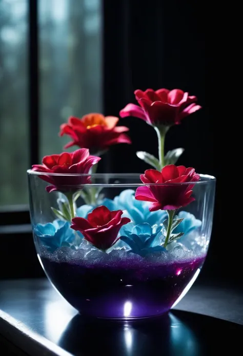 ((cinemtic shoot)) ((close shoot))  Frozen flowers: Fill a container with water and freeze it with flowers inside to create a stunning icy landscape. Use food coloring to add a splash of color.  BREAK,  realistic, ((photorealistic)) rim lights, dark shadows, cinematic scene , movie shoot  , dark, , , extremely detailed, glass reflection, dark shadows, hard light hard shadows, ,, shallow depth of field, vignette, highly detailed, high budget Hollywood film, cinemascope, moody, epic, gorgeous, detailed background ,  ((darkfull )) , detailed