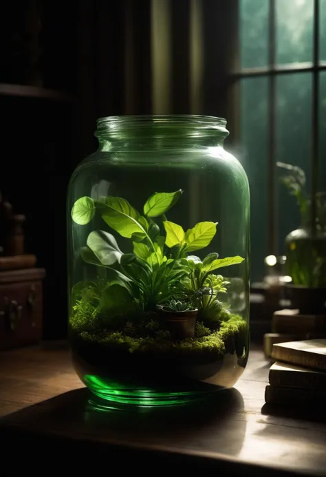 ((cinemtic shoot)) ((close shoot))  Green smoke-filled glass jar or terrarium: Capture the green smoke as it fills a glass jar or terrarium, creating a mysterious and intriguing object.  BREAK,  realistic, ((photorealistic)) rim lights, dark shadows, cinematic scene , movie shoot  , dark, , , extremely detailed, glass reflection, dark shadows, hard light hard shadows, ,, shallow depth of field, vignette, highly detailed, high budget Hollywood film, cinemascope, moody, epic, gorgeous, detailed background ,  ((darkfull )) , detailed