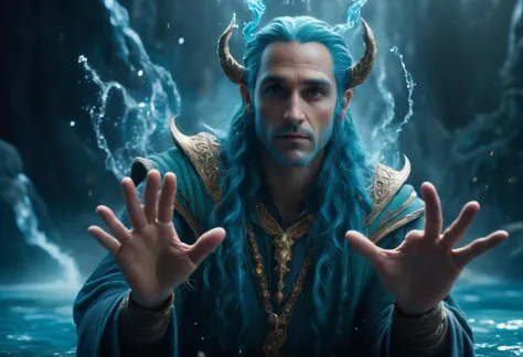 a man with blue hair and horns in a river