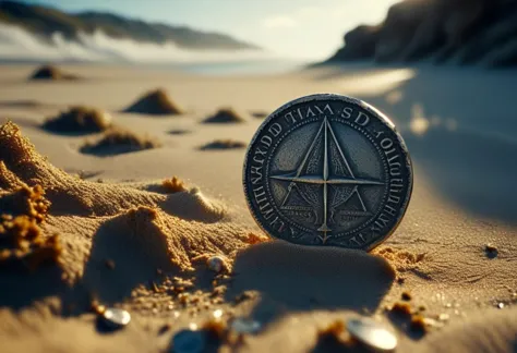 a close up of a coin on a sandy beach near the ocean