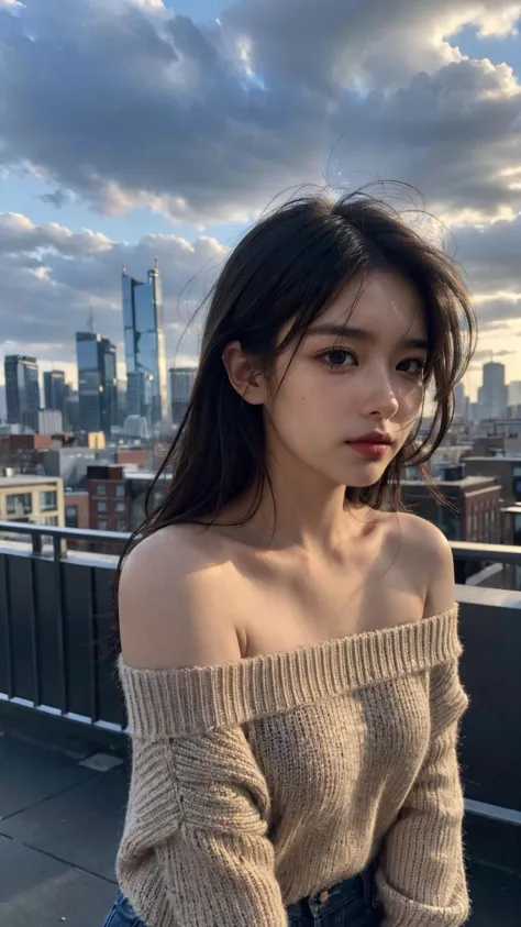 8k, best quality, masterpiece, realistic, ultra detail, photo realistic, Increase quality, 
closeup photo of a woman wearing torn and ripped sweater, off shoulder, messy hair, blurred city skyline, urban rooftop, twilight, natural light, city lights, depth, subtle backdrop, intense and introspective mood, soft diffused natural light, warm artificial sidelight, moody atmosphere, skin texture, modern (rugged:0.4) aesthetic, thoughtful expression, charismatic
<lora:koreanDollLikeness_v15:0.3>, <lora:more_details:0.3>,