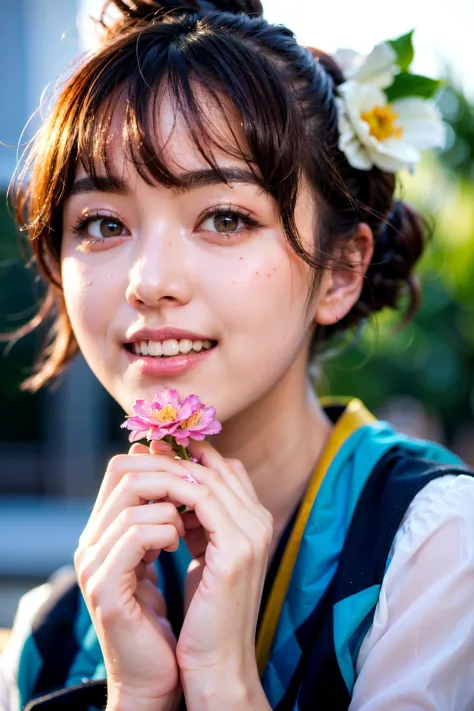 a close up of a woman holding a flower in her hand