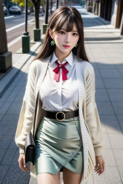 a close up of a woman walking down a sidewalk wearing a skirt