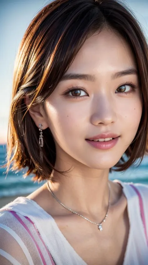 8k, best quality, masterpiece, realistic, ultra detail,  photography, HDR, ROW photo, highres, absurdres, studio light, official art, depth of field,
close-up, slender, cute face, smile, beautiful details eyes, 19years old korean, pretty, Curved bob hair with magenta color, 
beach, sunset, shirt,