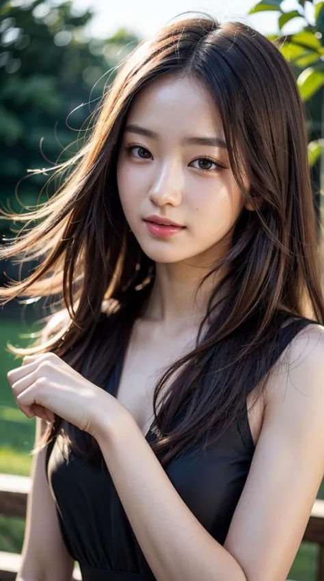 8k, best quality, masterpiece, realistic, ultra detail, photo realistic, hyper realistic, smoother lighting, increase cinematic lighting quality, realistic lighting, backlighting, brightening light, Increase quality, best quality real texture skin, 
close-up, slender, cute face, smile, beautiful details eyes, 19years old korean, pretty, Half-up half-down with dark brown color, dress,